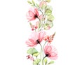 Watercolor Poppy seamless border. Vertical repetitive pattern. Abstract pink flowers with leaves and fresia branches on