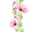 Watercolor Poppy seamless border. Vertical repetitive pattern. Big pink flower with leaves and berries isolated on white