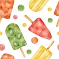 Watercolor popsicle seamless pattern. Hand drawn colorful red, yellow and green ice cream pops isolated on white Royalty Free Stock Photo