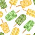 Watercolor popsicle seamless pattern. Hand drawn fresh yellow and green ice cream pops isolated on white background Royalty Free Stock Photo