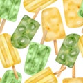 Watercolor popsicle seamless pattern. Hand drawn fresh yellow and green ice cream pops isolated on white background Royalty Free Stock Photo