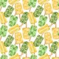 Watercolor popsicle seamless pattern. Hand drawn fresh yellow and green ice cream pops isolated on white background Royalty Free Stock Photo