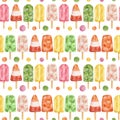 Watercolor popsicle seamless pattern. Hand drawn red, yellow, green ice cream pops in line isolated on white background Royalty Free Stock Photo