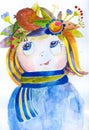 Watercolor portet of a little girl with a wreath of flowers.