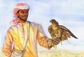 Watercolor portrait of arabian man. Hand drawn sheikh and predatory bird in desert