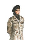 Watercolor portrait of Arabian woman soldier on white background.
