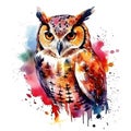 Watercolor portrait of an beautiful majestic owl in colorful, bright, vibrant, and trippy colors