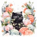 Watercolor portrait of black cat and flowers. Hand drawn illustration Royalty Free Stock Photo