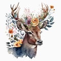 Watercolor Portrait of a Boho Deer with Spring Blooming Horns AI Generated