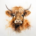 Watercolor portrait of a brown cow with horns on a white background Generative AI Royalty Free Stock Photo