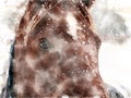 Watercolor portrait of a brown horse in falling snow with face and eyes