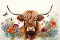 Watercolor portrait of a bull with flowers on a white background, Beautiful watercolor highland cow with flowers on her heand