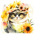 Watercolor portrait of a cat in a wreath of sunflowers Generative AI