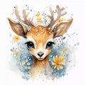Watercolor portrait of a cute baby deer. Printable square nursery art for children\'s room