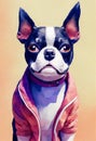 Watercolor portrait of cute Boston Terrier Dog. Royalty Free Stock Photo