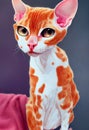Watercolor portrait of cute Devon Rex cat.