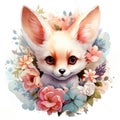 Watercolor portrait of a cute fennec fox in flowers. Generative AI.