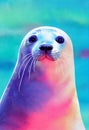 Watercolor portrait of cute harbor seal water animal.