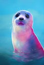 Watercolor portrait of cute harbor seal water animal.