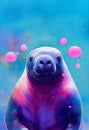 Watercolor portrait of cute manatee water animal. Royalty Free Stock Photo