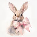 Watercolor portrait of a cute rabbit with pink bow Royalty Free Stock Photo