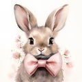 Watercolor portrait of a cute rabbit with pink bow Royalty Free Stock Photo