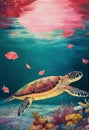 Watercolor portrait of cute sea turtle water animal. Royalty Free Stock Photo