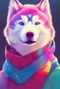 Watercolor portrait of cute Siberian Huskie dog. Royalty Free Stock Photo