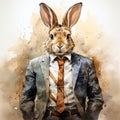 A watercolor portrait of a dapper rabbit in a business suit, epitomizing sophistication