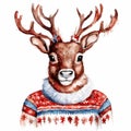 Watercolor portrait of a deer in a Christmas sweater on a white background