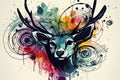 Watercolor portrait of a deer in psychedelic style. Generative ai illustration