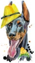 Watercolor portrait doberman with yellow hat and freesia