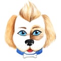 Watercolor portrait of funny cartoon blue-eyed puppy with tongue stuck out in cute collar with a bone. Pencil stroke