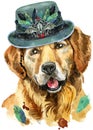 Watercolor portrait of golden retriever in olive hat with raven skull and feathers