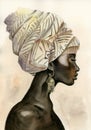 Watercolor portrait of a graceful and beautiful young girl and a long neck, a golden earring in her ear