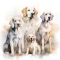 Watercolor portrait of a group of dogs on a white background.