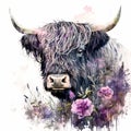 Watercolor portrait of a highland cow with pink flowers on a white background Royalty Free Stock Photo