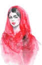 Watercolor portrait of indian woman. Hand drawn beauty woman in hijab