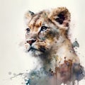 Watercolor portrait of a lion cub. Digital painting. Illustration. Royalty Free Stock Photo