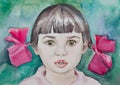 watercolor portrait of little cute baby girl on turquoise background