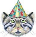 Watercolor portrait of a Manul Cat in party hat