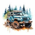 Detailed Watercolor Jeep Clipart With Smokey Forest Background