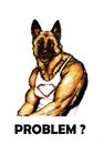 Watercolor portrait of pumped up German Shepherd breed dog on white background. Muscle jock dog