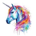 Watercolor portrait of a rainbow-colored unicorn with colorful, bright, vibrant, and trippy colors