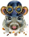 Watercolor portrait of rat with hat bowler and steampunk glasses