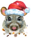 Watercolor portrait of rat in Santa hat with splashes
