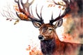 Watercolor portrait of red deer, creative digital illustration painting