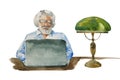 Watercolor portrait of a Senior bearded man in front of a laptop computer, with green antique lamp on table. Journalist or writer Royalty Free Stock Photo