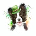 Watercolor portrait of smiling border collie puppy dog in green leprechaun hat for St. Patrick\'s Day.