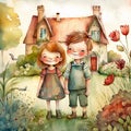 Watercolor portrait of smiling little boy and girl holding hands in front lawn of the house. Generative AI Royalty Free Stock Photo